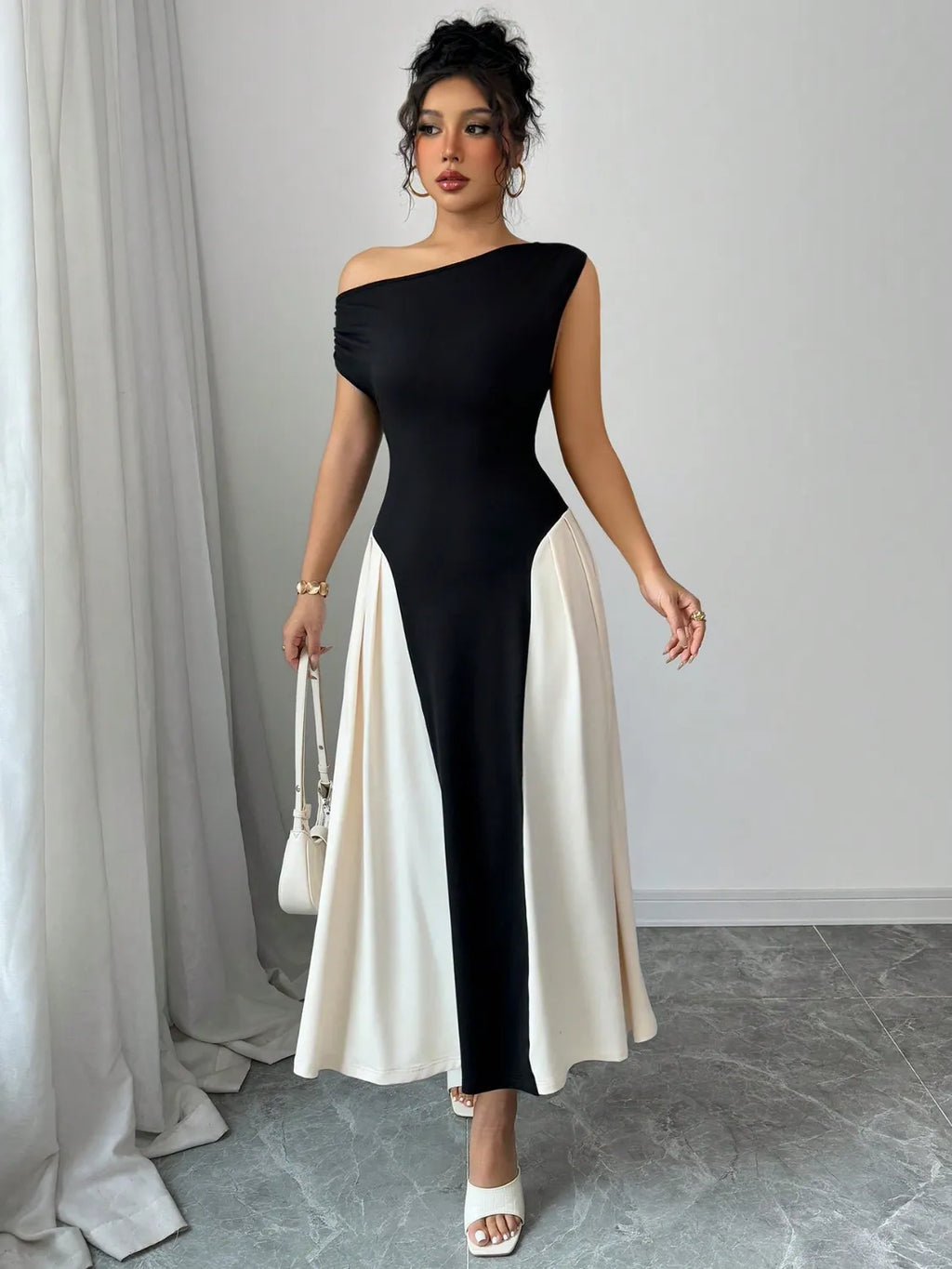 Contrast Single Shoulder Midi Dress