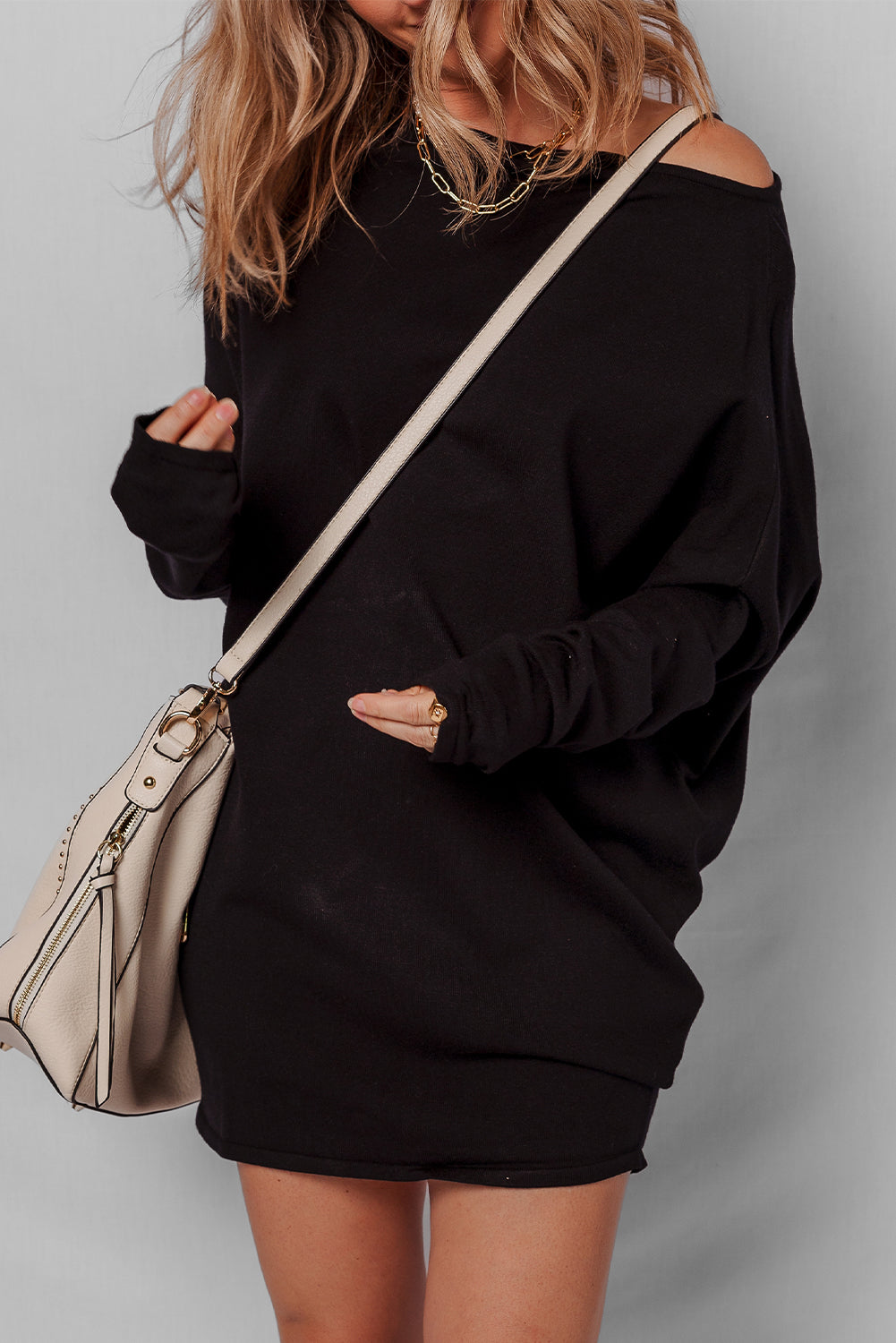 Black Asymmetric Neck Batwing Sleeve Shift Mini Sweater Dress