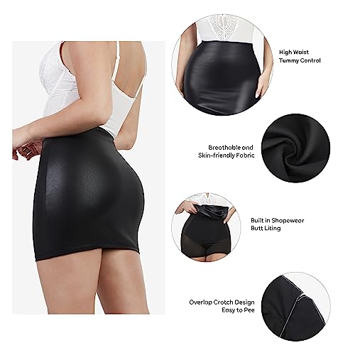 Popilush Shapewear Faux Leather Skirts with Built in Shapewear Tummy Control High Waist Mini Skirt with Shaper for Women