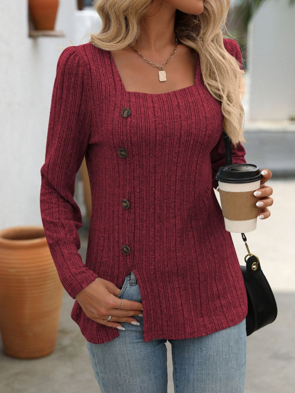 Striped Button-Up Square Neck Top