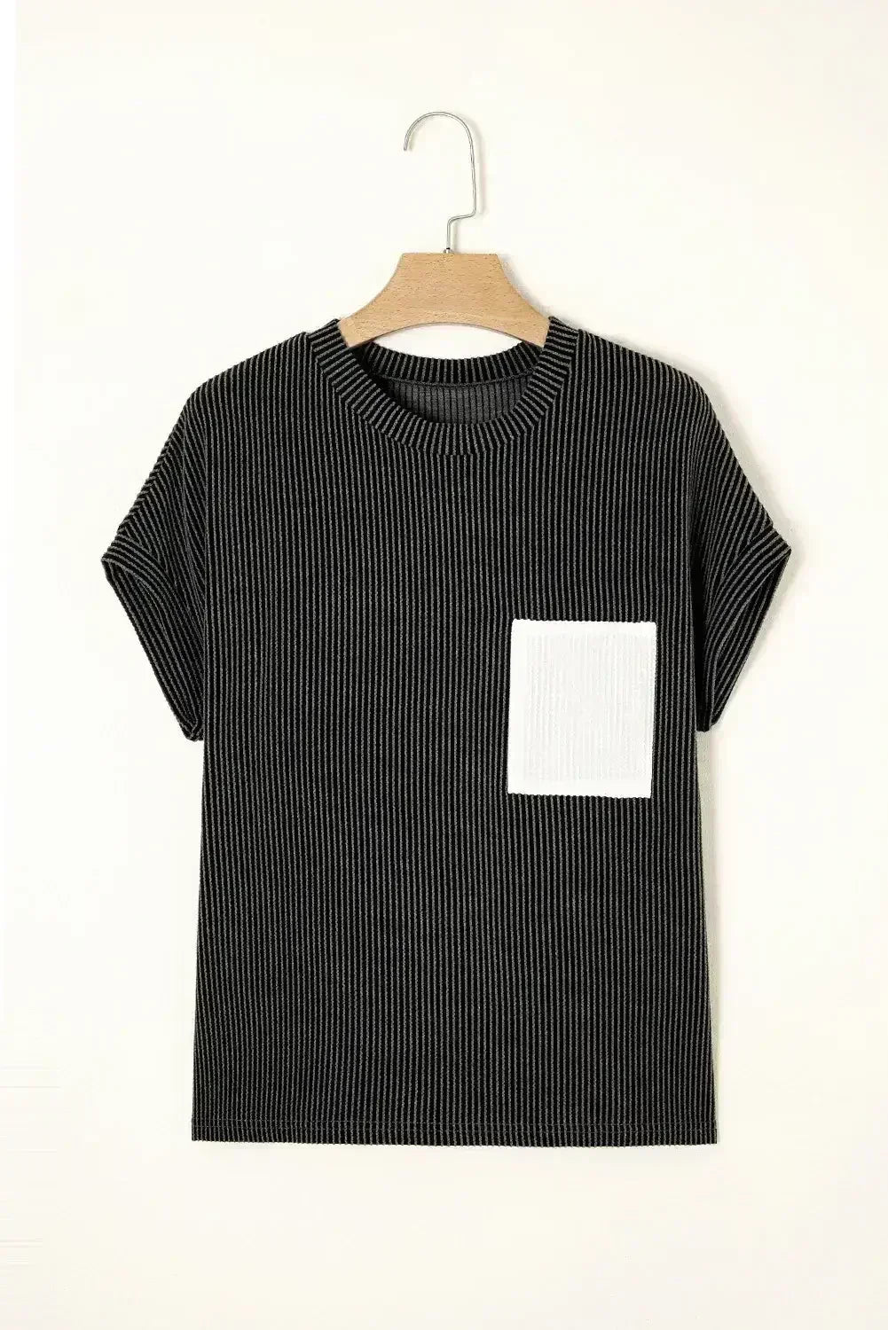 Pink Corded Colorblock Pocket Crew Neck T Shirt