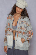 POL Zip Up Floral and Lace Patch Washed Denim Jacket