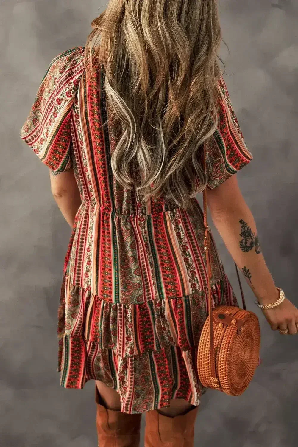 Red Bohemian Floral Print Buttoned V Neck Ruffle Tiered Dress