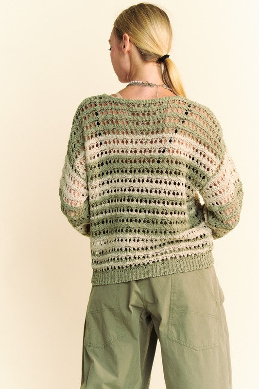Back To School Sweater - Davi & Dani Contrast Striped Crochet Drop Shoulder Knit Cover Up