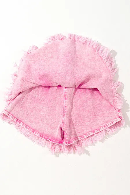 Washed Wide Smocked Waistband Frayed Denim Shorts