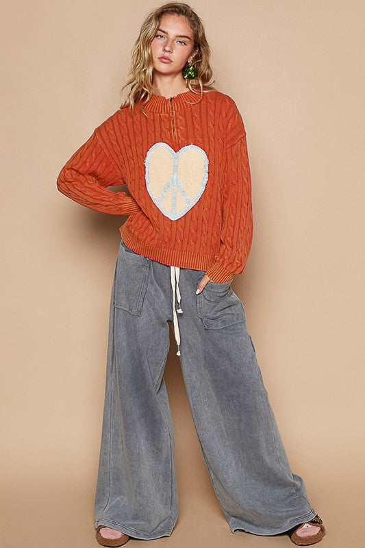 Back To School Sweater - POL Cable-Knit Peace Patch Dropped Shoulder Sweater