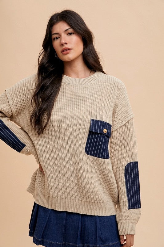 Back To School Sweater - Annie Wear Contrast Round Neck Drop Shoulder Sweater with Patch Pocket