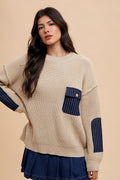 Back To School Sweater - Annie Wear Contrast Round Neck Drop Shoulder Sweater with Patch Pocket