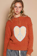 Back To School Sweater - POL Cable-Knit Peace Patch Dropped Shoulder Sweater