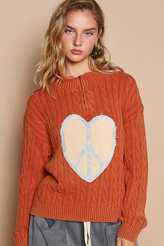 Back To School Sweater - POL Cable-Knit Peace Patch Dropped Shoulder Sweater