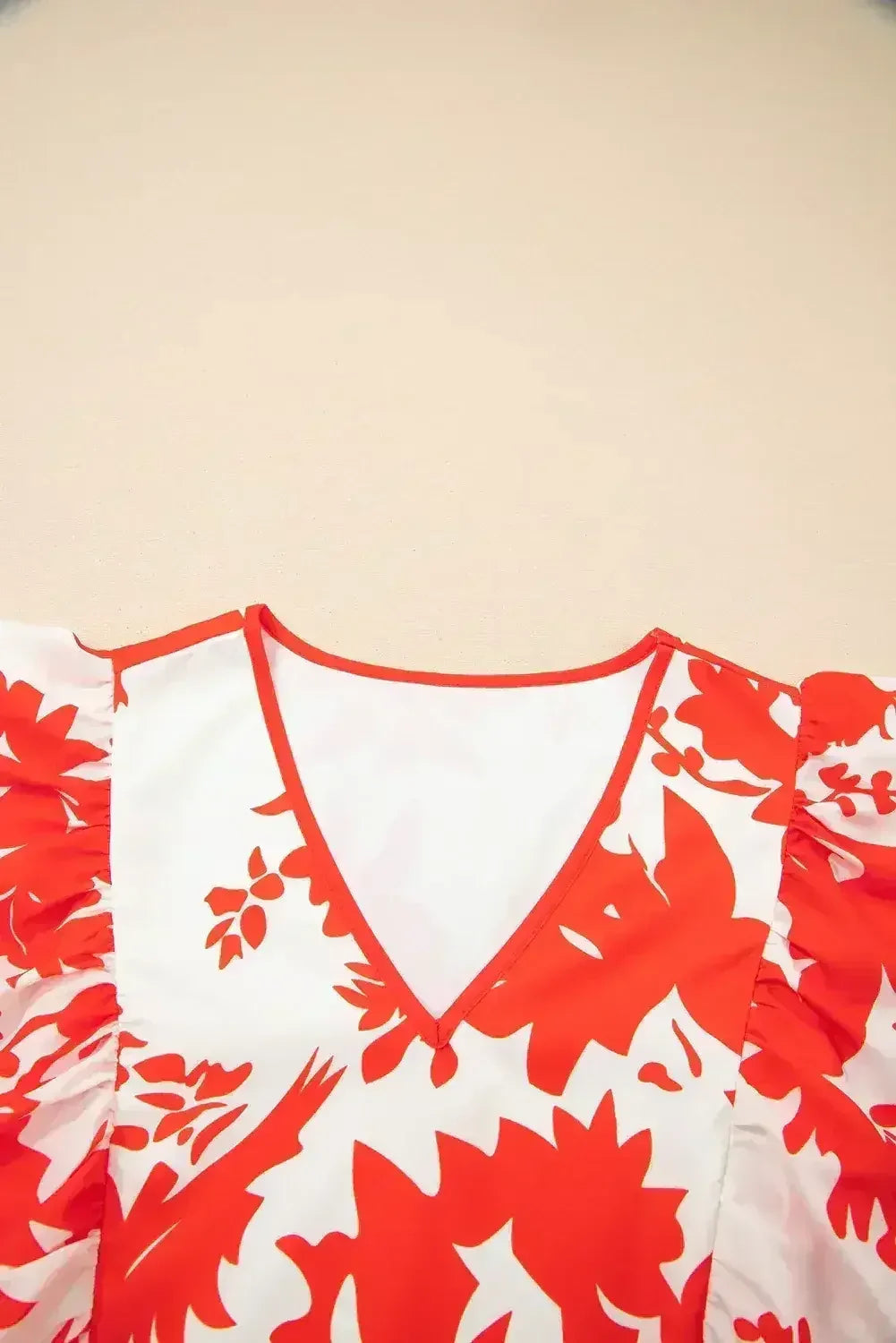 Red Floral Print Trimmed V Neck Ruffle Sleeve Maxi Dress