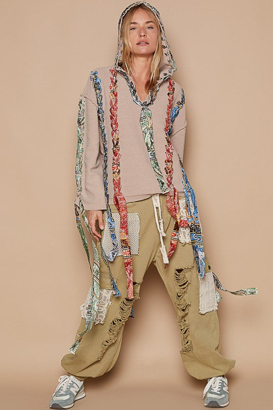 Back To School Sweater - POL Contrast Thread Peace Back Hooded Sweater