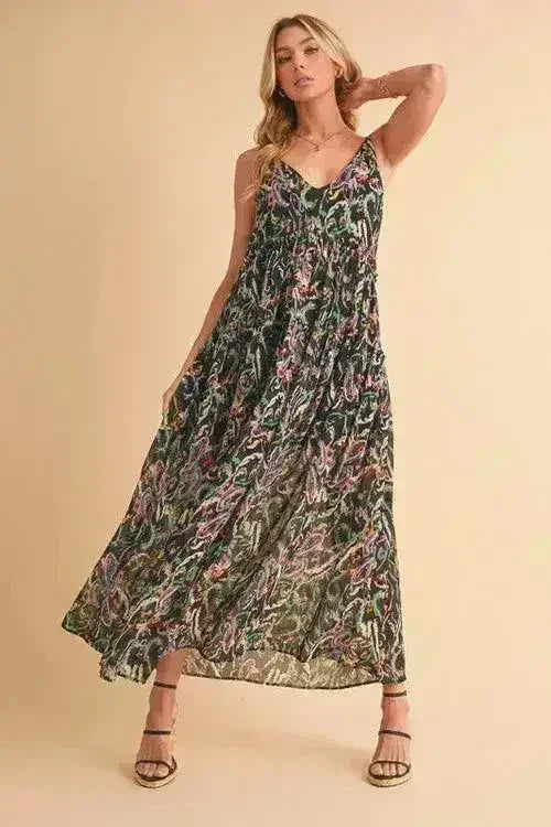 Aemi + Co Printed V-Neck Frill Tiered Cami Dress