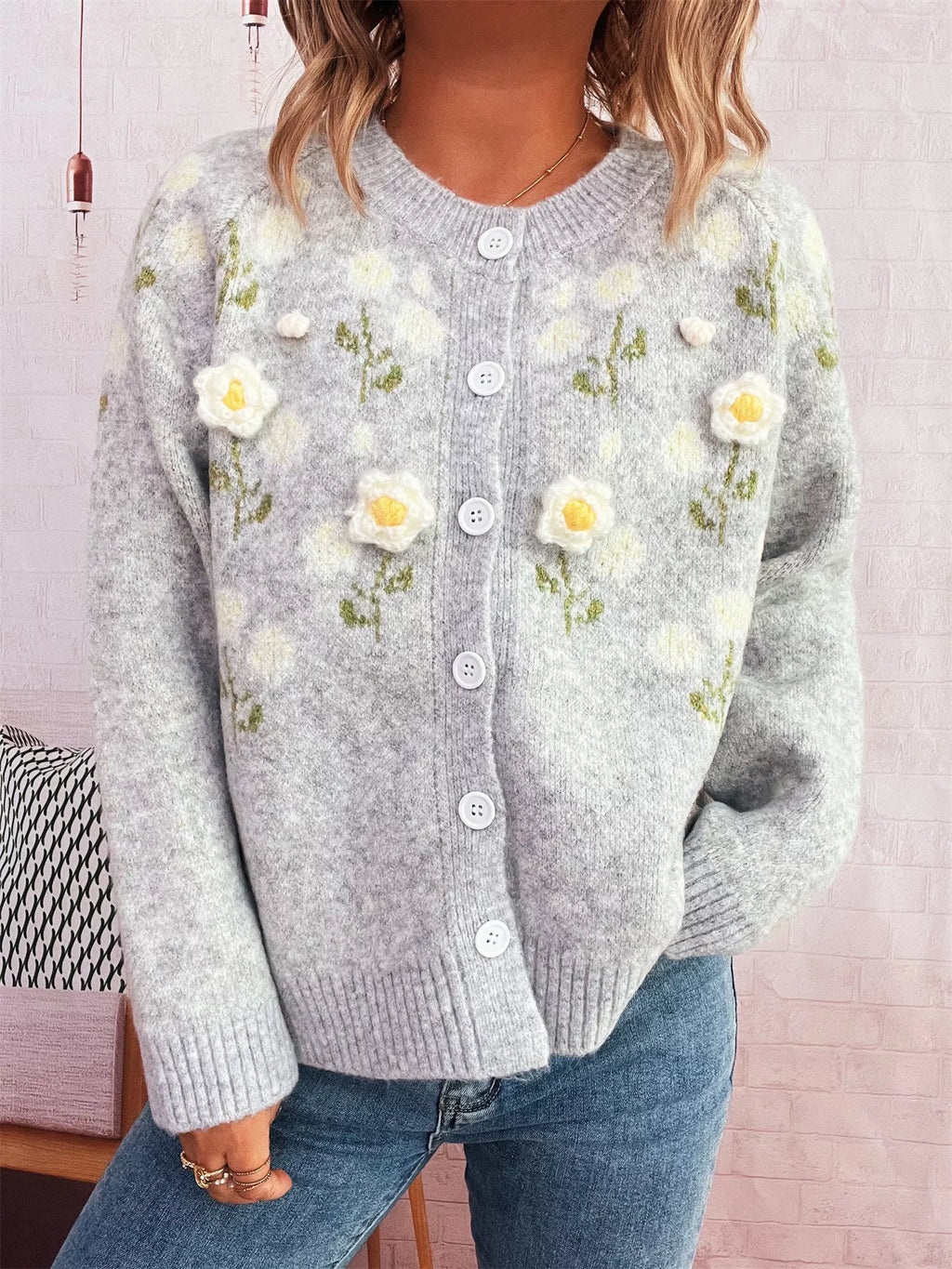 Flower Button Up Long Sleeve Cardigan