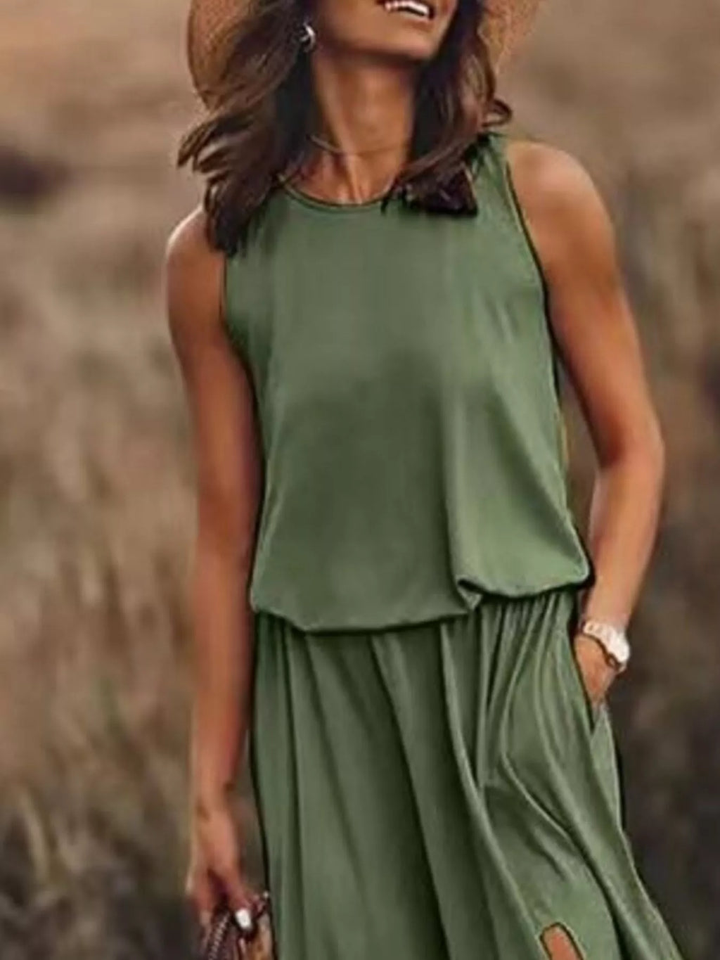 Full Size Round Neck Sleeveless Slit Maxi Dress Plus Size