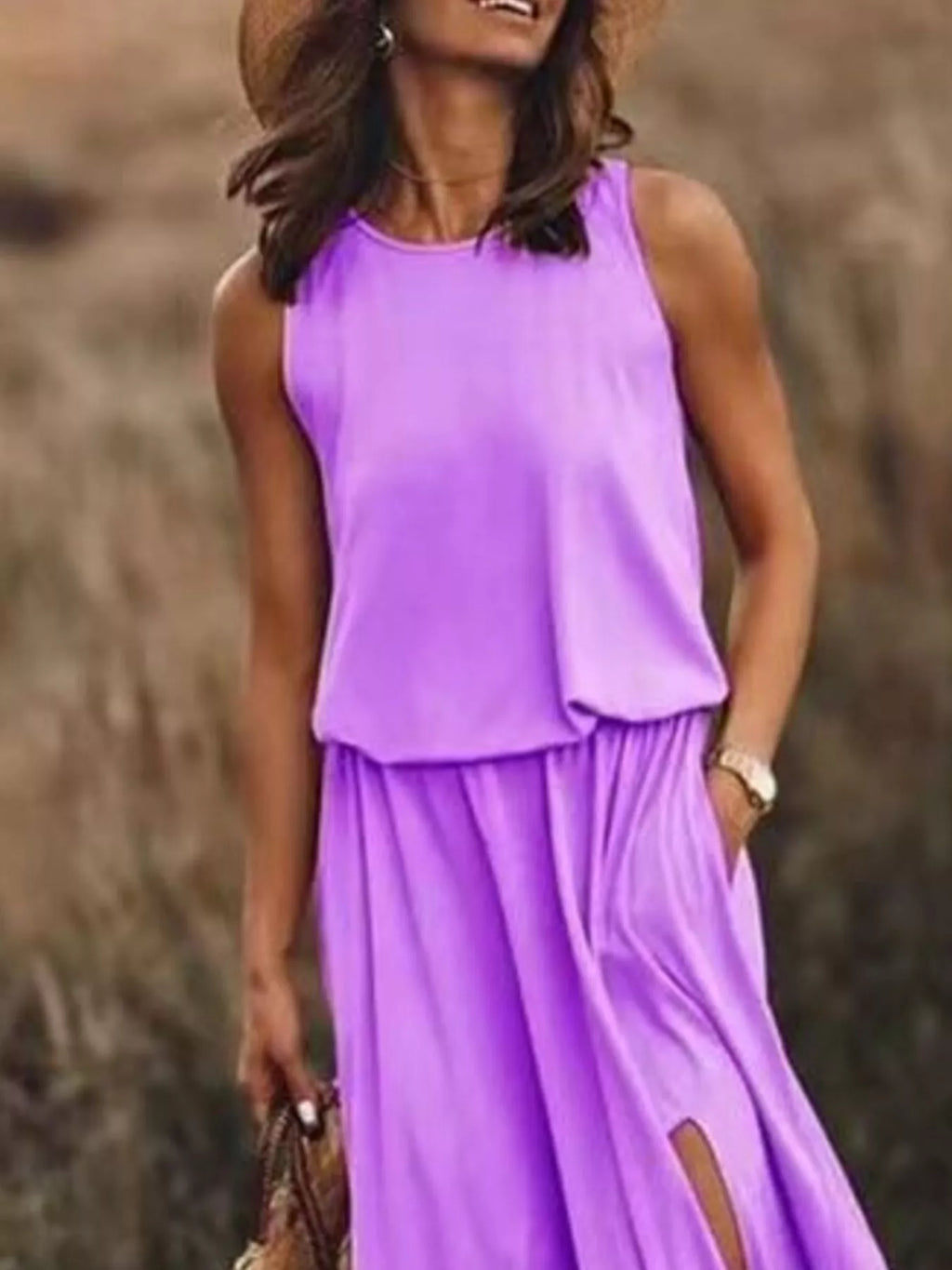 Full Size Round Neck Sleeveless Slit Maxi Dress Plus Size