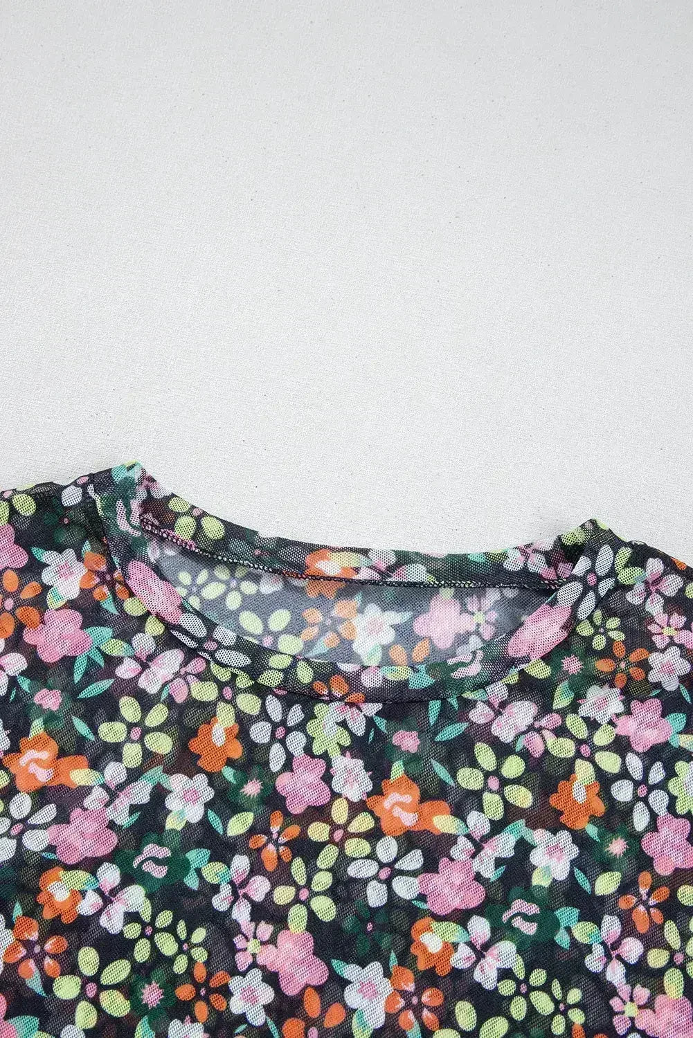 Black Sheer Mesh Floral Round Neck T Shirt with Camisole