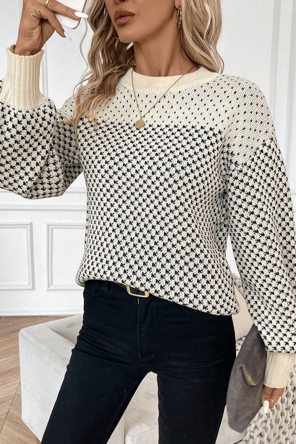 Black Colorblock Bishop Sleeve Knit Sweater