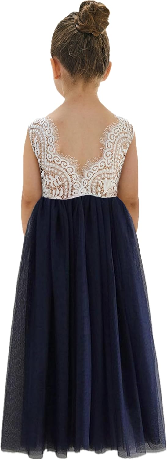 Girls Tulle Flower Girl Dress - Lace Back A-Line Party Dress