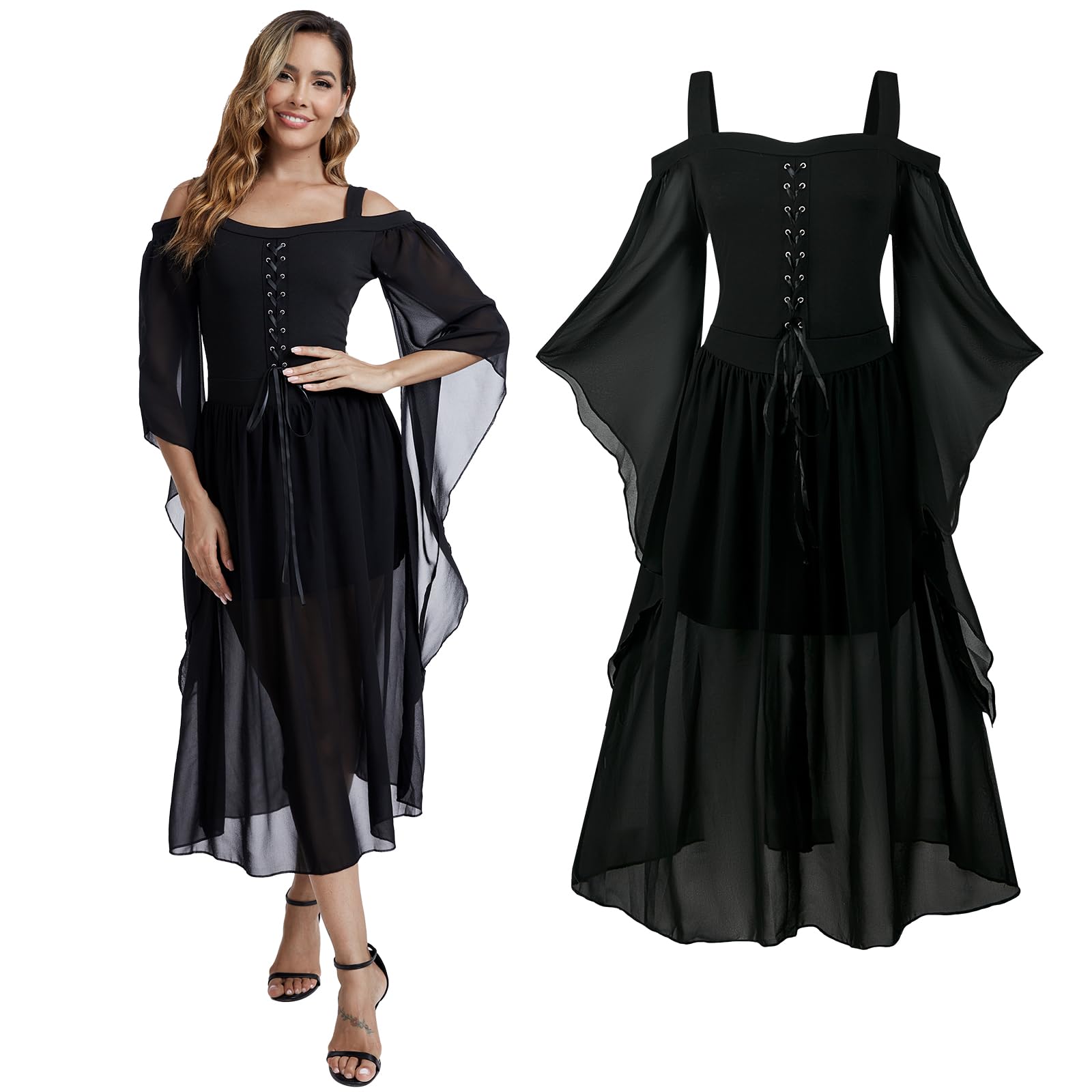 Medieval Costume Dress for Women - Renaissance Gothic Gown with Trumpet Sleeves