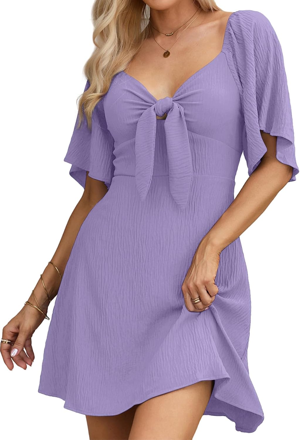 Women's Deep V-Neck Mini Dress with Bow Tie - Elegant Summer Fall Outfit