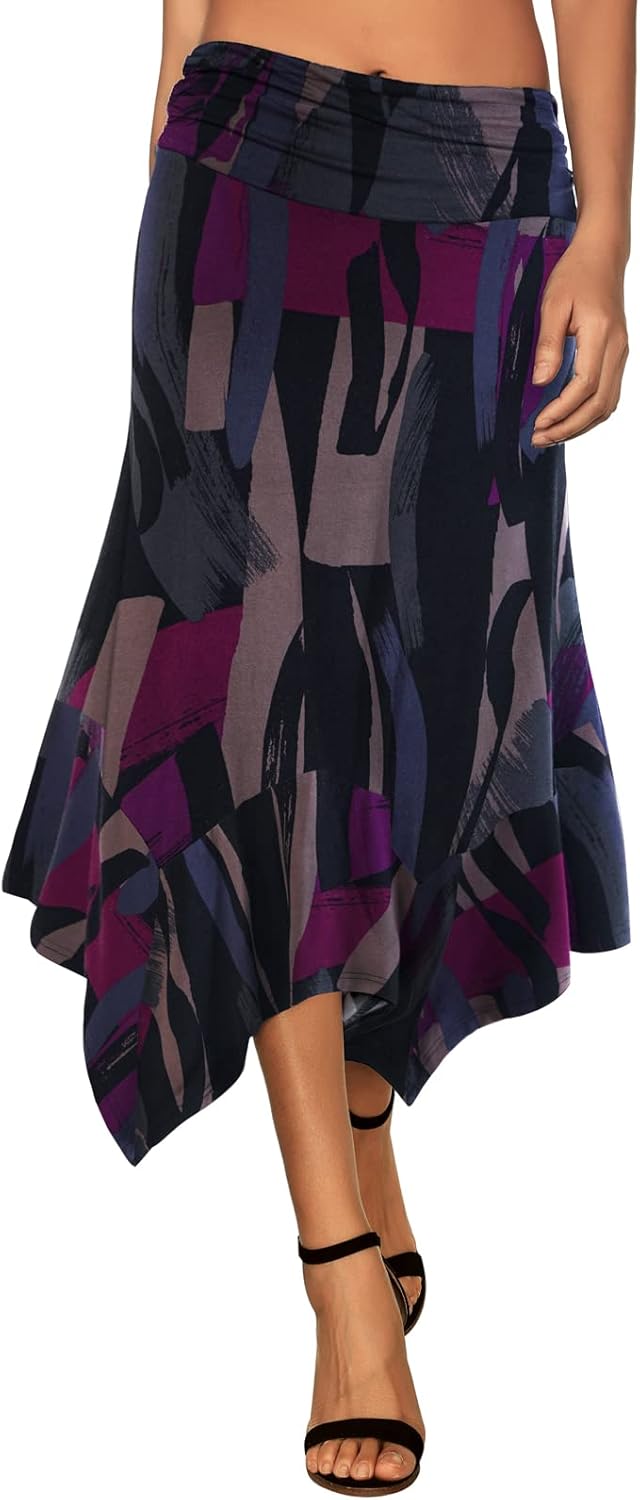 Women's Flowy Handkerchief Hemline Midi Skirt - Elastic Waist Asymmetrical Hem
