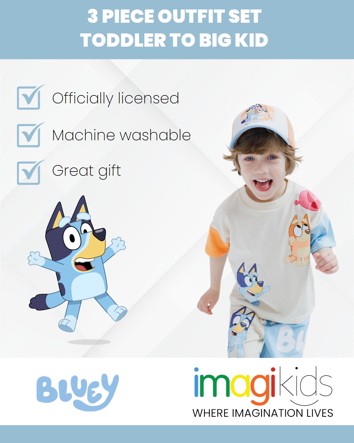 Bluey 3-Piece Kids Outfit Set - T-Shirt, Shorts & Baseball Cap for Toddlers to Big Kids