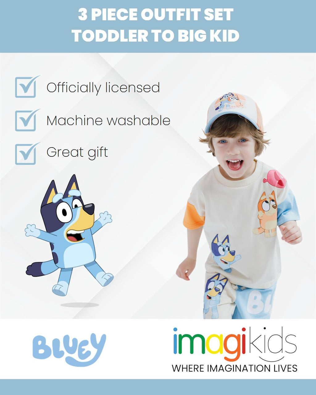 Bluey 3-Piece Kids Outfit Set - T-Shirt, Shorts & Baseball Cap for Toddlers to Big Kids
