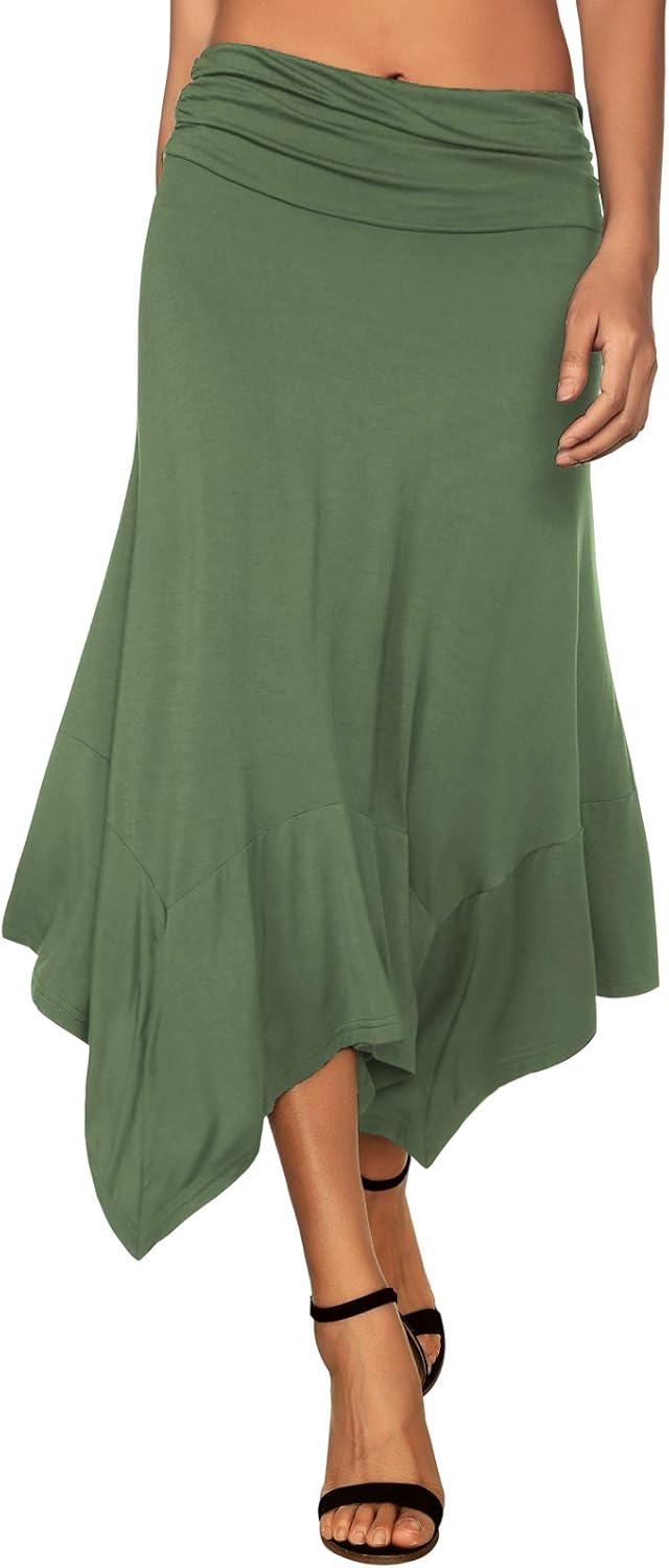 Women's Flowy Handkerchief Hemline Midi Skirt - Elastic Waist Asymmetrical Hem