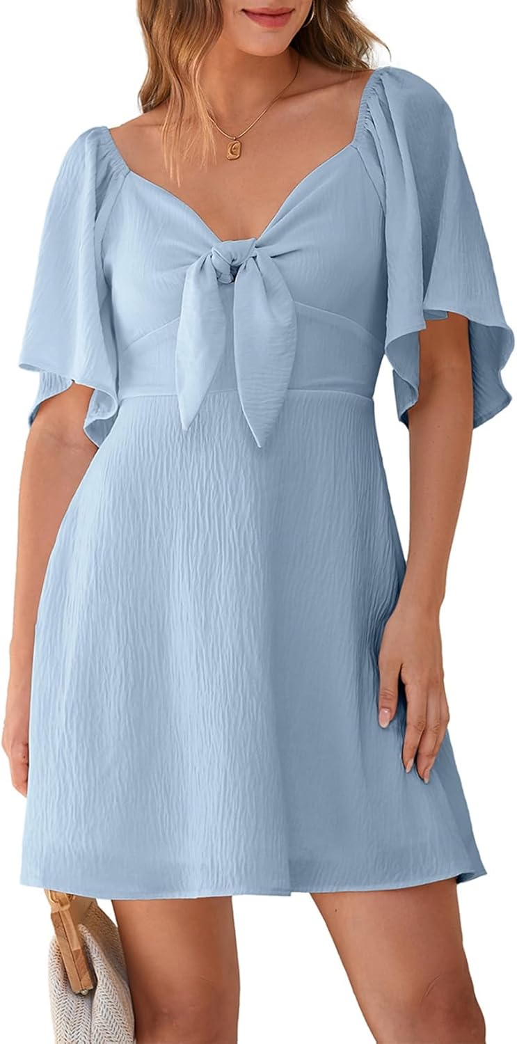 Women's Deep V-Neck Mini Dress with Bow Tie - Elegant Summer Fall Outfit