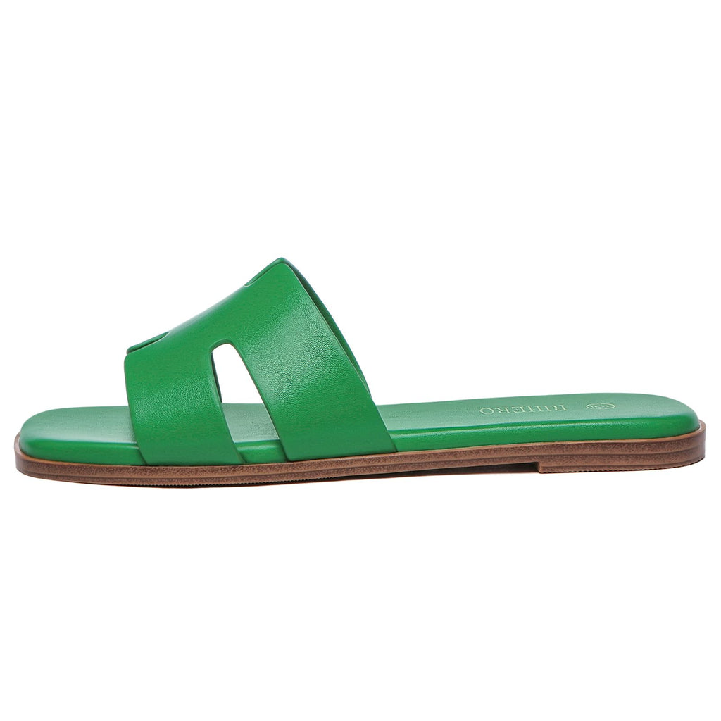 Women's Dressy Flat Sandals - Comfortable Slip On Leather Slide Sandals