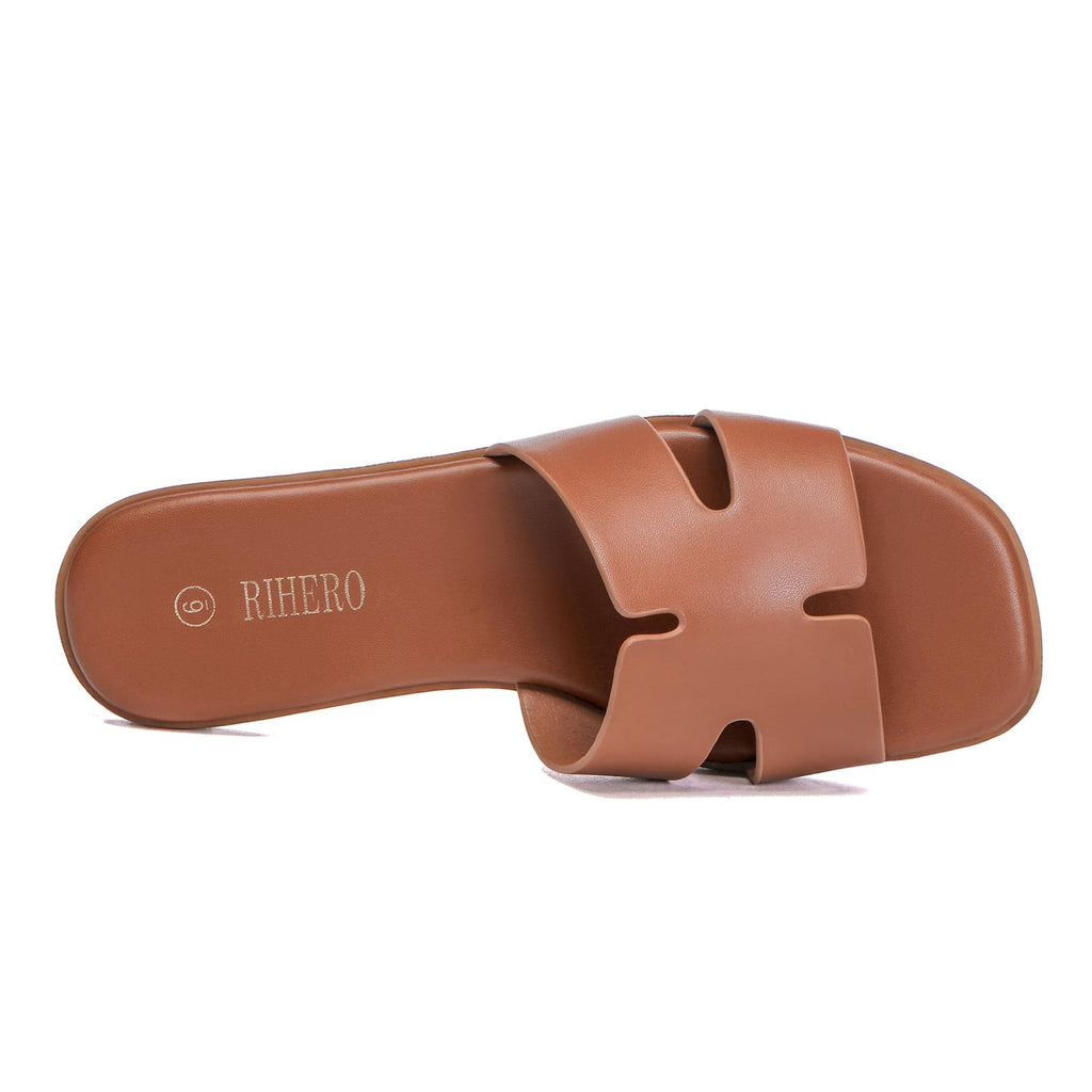 Women's Dressy Flat Sandals - Comfortable Slip On Leather Slide Sandals