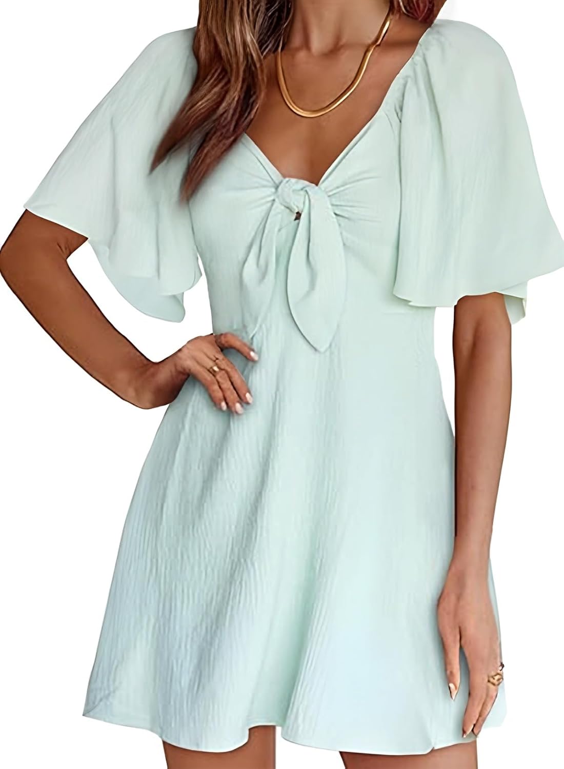 Women's Deep V-Neck Mini Dress with Bow Tie - Elegant Summer Fall Outfit