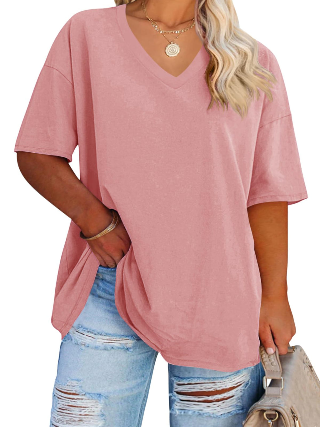 Cato Fashions Online - Women's Plus Size V-Neck Cotton T-Shirts - Summer Half Sleeve Casual Loose Fit Tunic Tops