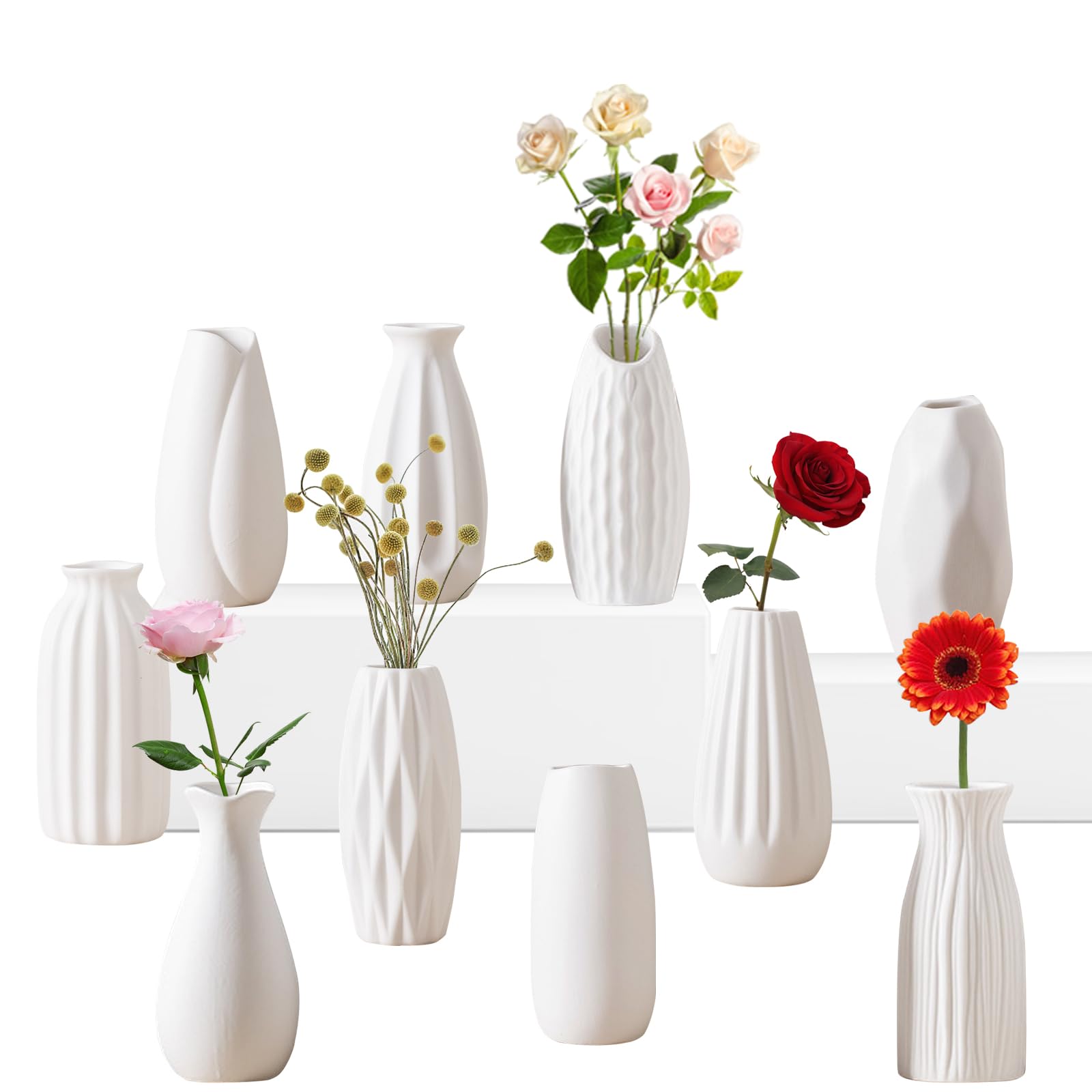 White Ceramic Bud Vases Set of 10 - 5 Inch Small Mini Vases for Flowers Centerpieces Decor
