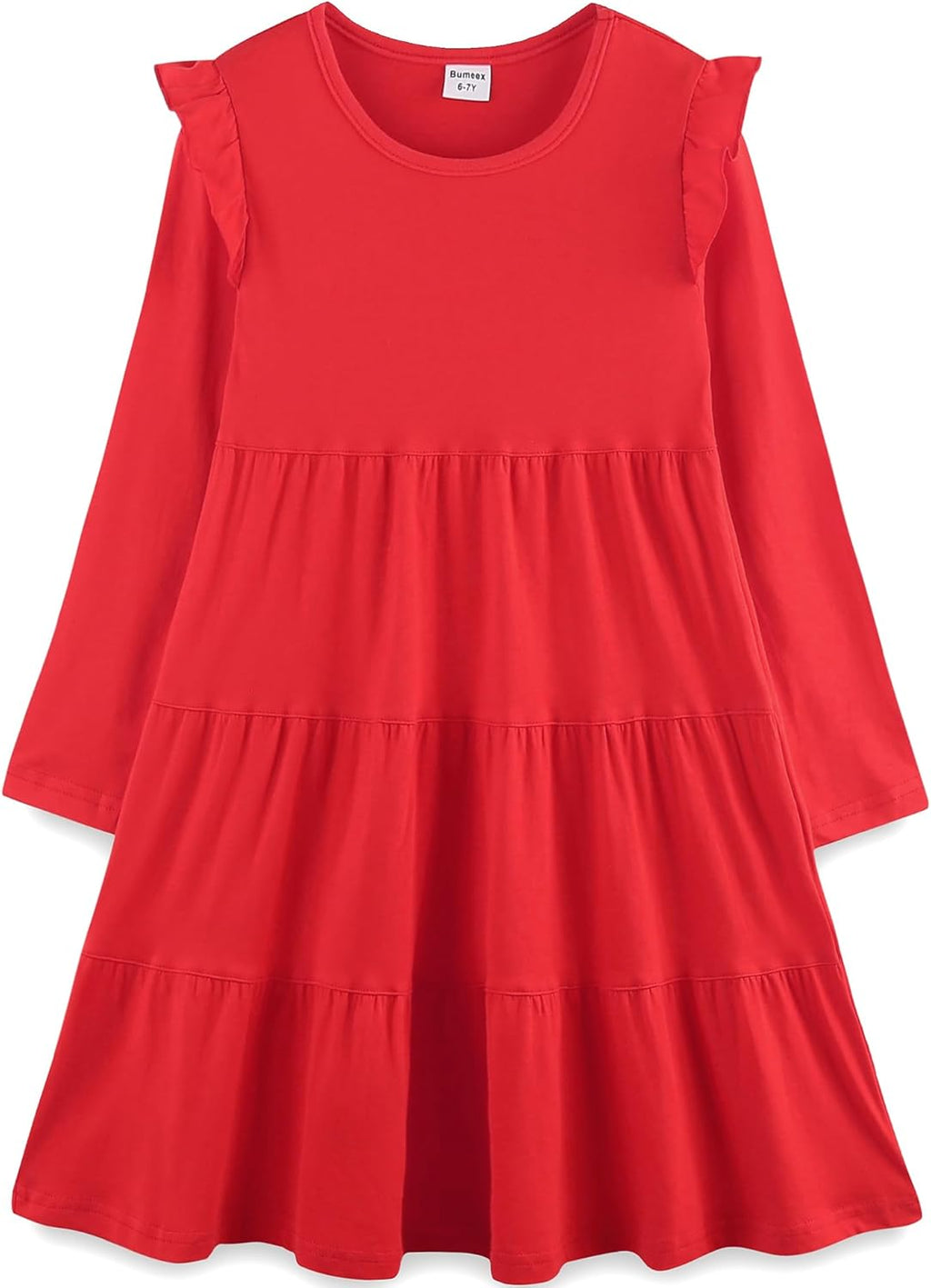 Girls Cotton Dress - Ruffle Sleeve Tiered A-Line Midi Sundress