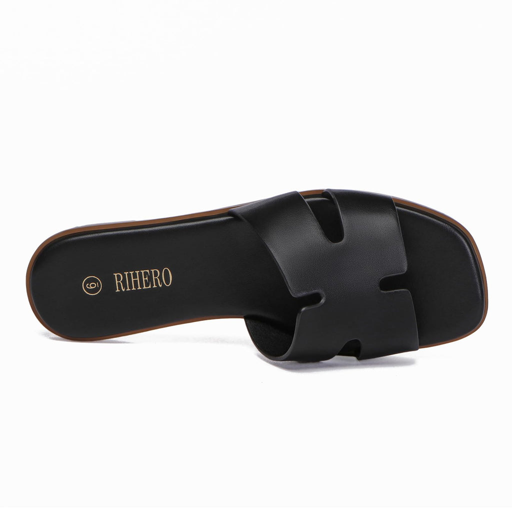 Women's Dressy Flat Sandals - Comfortable Slip On Leather Slide Sandals