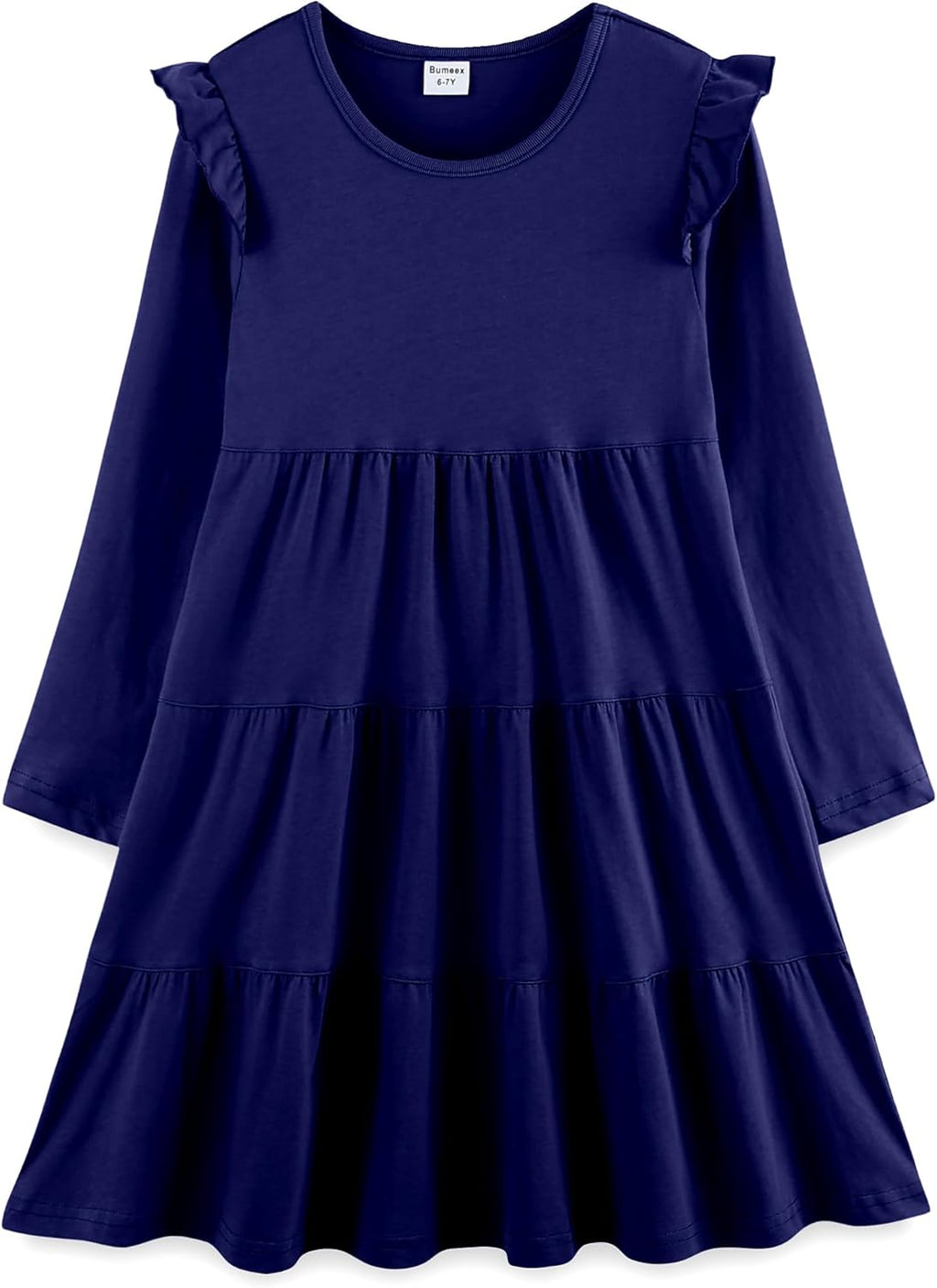 Girls Cotton Dress - Ruffle Sleeve Tiered A-Line Midi Sundress