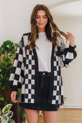 Back To School Sweater - Annie Wear Checkered Open Front Drop Shoulder Cardigan