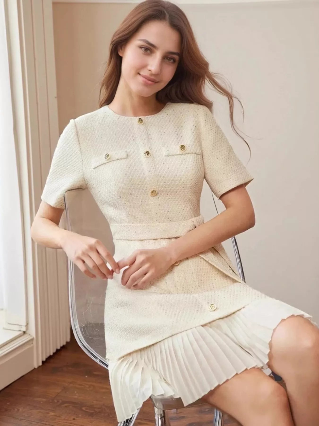 Pleated Hem Round Neck Dress