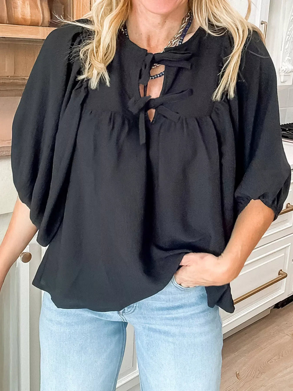 Bow Tie Neck 3/4 Sleeve Casual Blouse