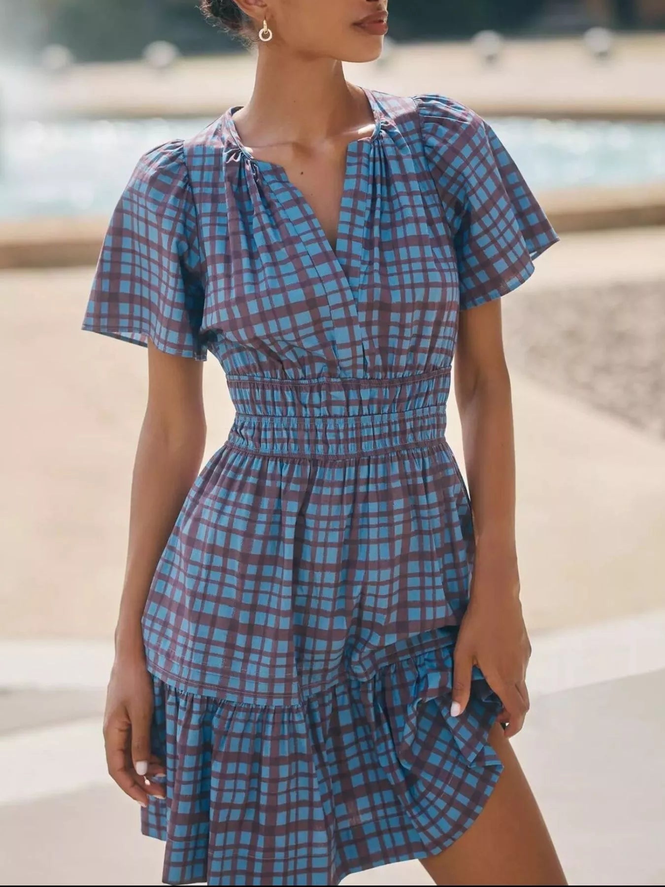 Printed Notched Short Sleeve Dress