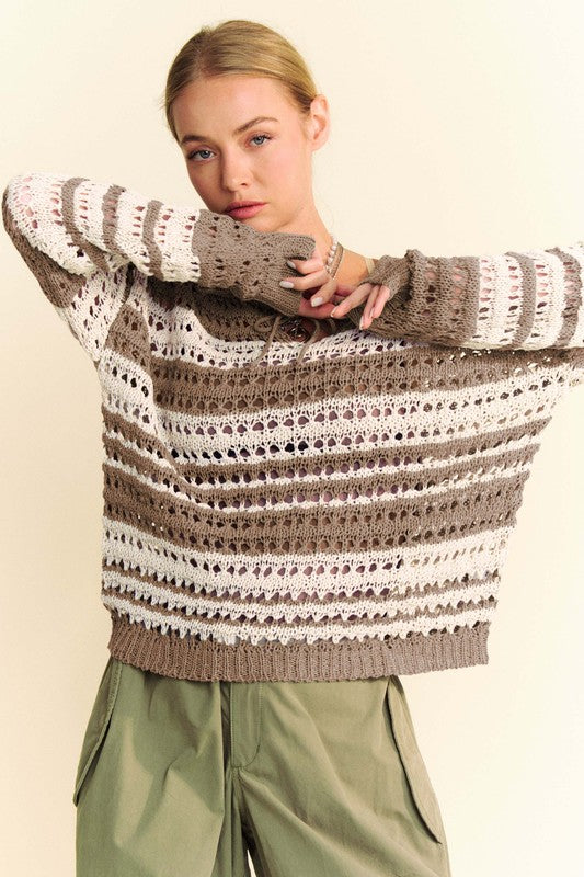 Back To School Sweater - Davi & Dani Contrast Striped Crochet Drop Shoulder Knit Cover Up