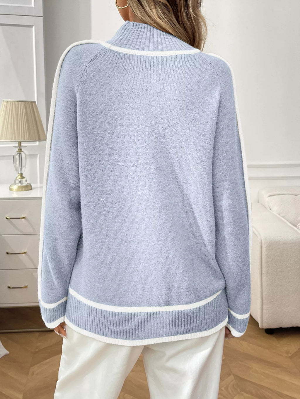 Contrast Trim Turtleneck Long Sleeve Sweater