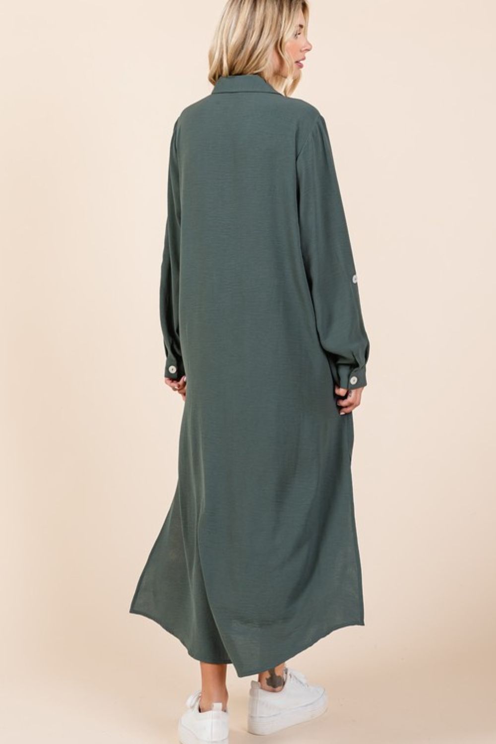 Airflow V-Neck Long Sleeve Button Down Maxi Dress For Women, Casual, Elegant and Versatile Maxi Dress with Button Detail and Slit for Effortless Style