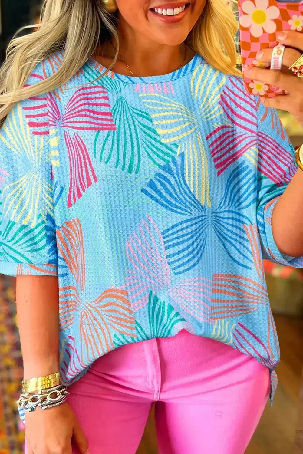 Sky Blue Bowknot Print Waffle Loose Tee