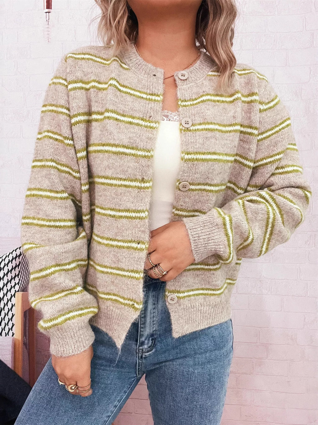 Striped Button-Up Long Sleeve Cardigan
