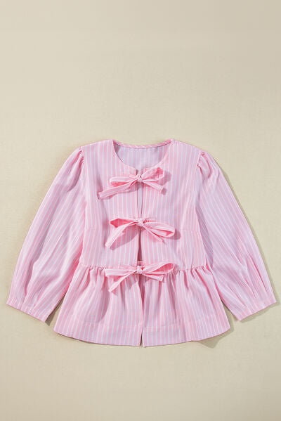 Tied Bow Striped Round Neck Blouse