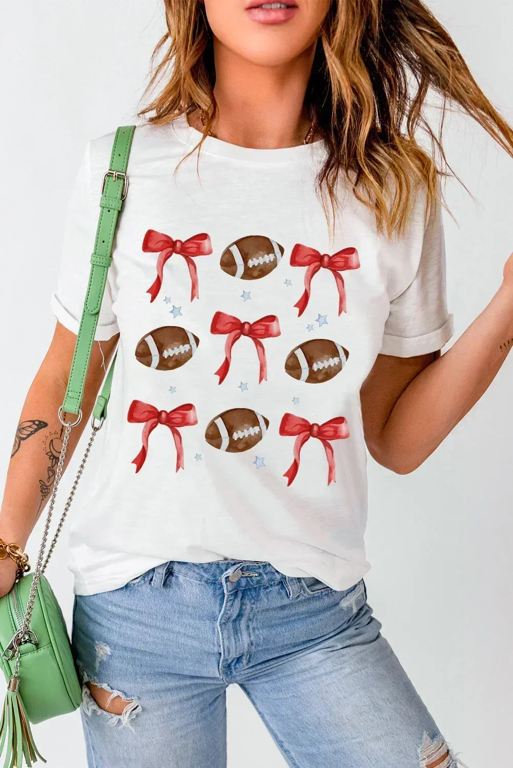 White Football and Bow Graphic Crewneck Tee