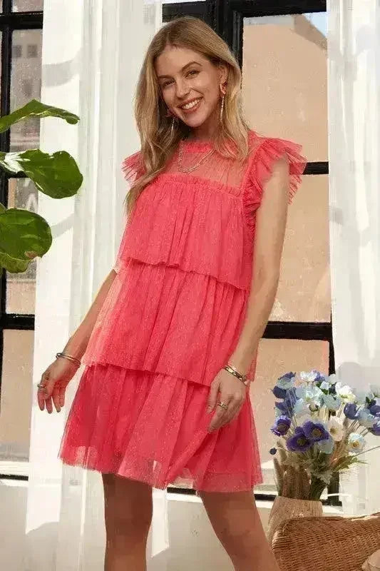 Layered Ruffle Mesh Dress | Cap Sleeve Semi-Sheer Gown -femstylo
